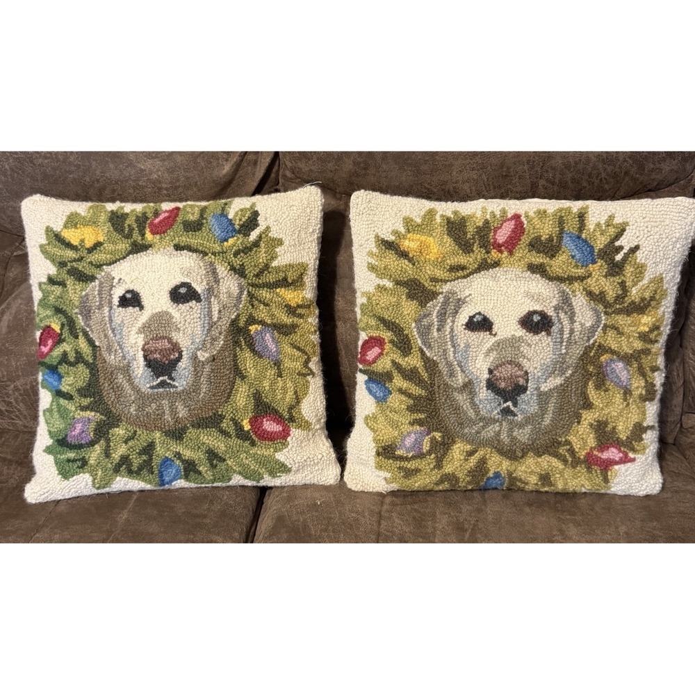 2 Golden Retriever Dog Wool Hand Hook Pillow Beige Velvet Back 16 X 16